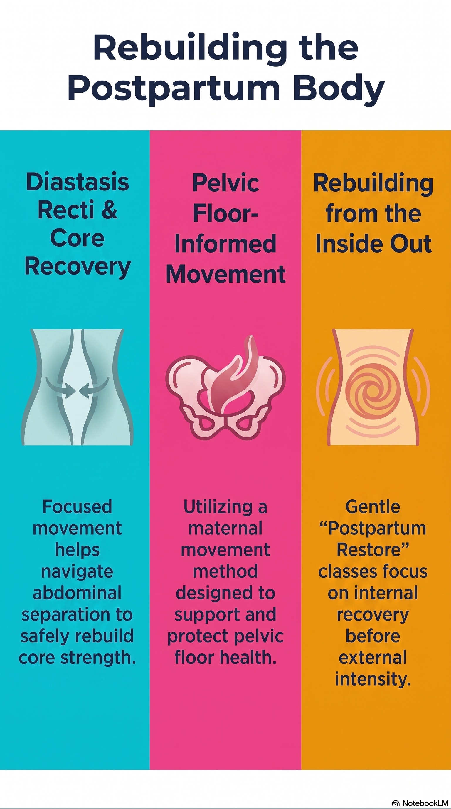 Rebuilding the Postpartum Body — diastasis recti & core recovery, pelvic floor-informed movement, and rebuilding from the inside out